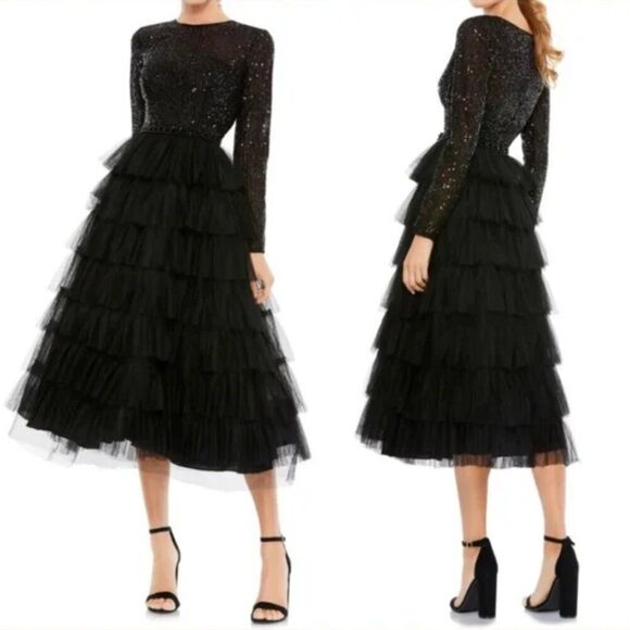 Mac Duggal 26299 Size 14 Black Long Sleeve Ruffled Tulle Tiered Midi Party Dress - Picture 5 of 6